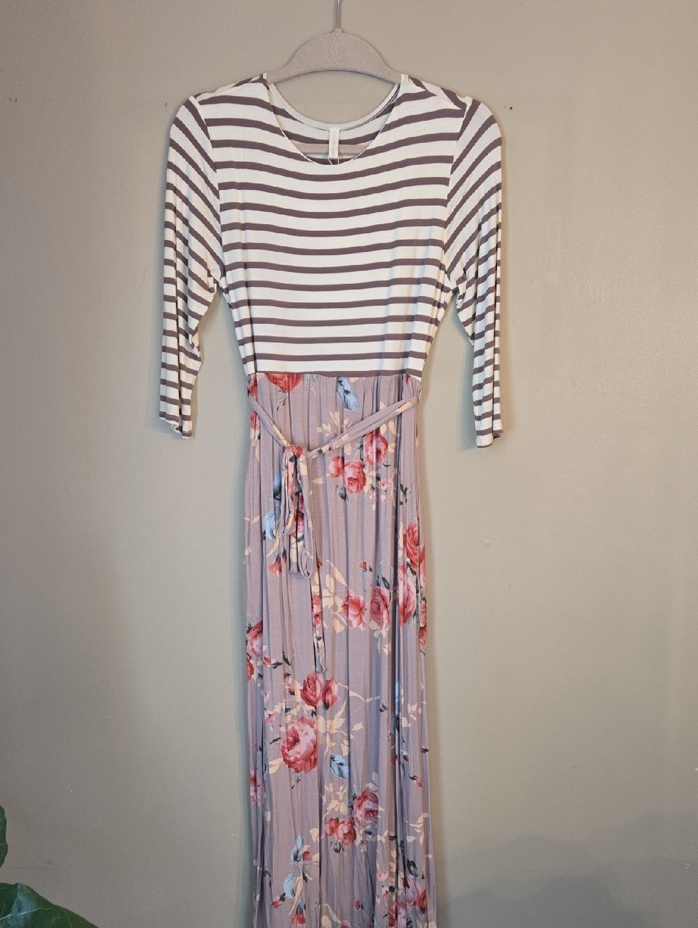 Pinkblush - Striped Bodice Floral Maxi Dress in Mauve Pink